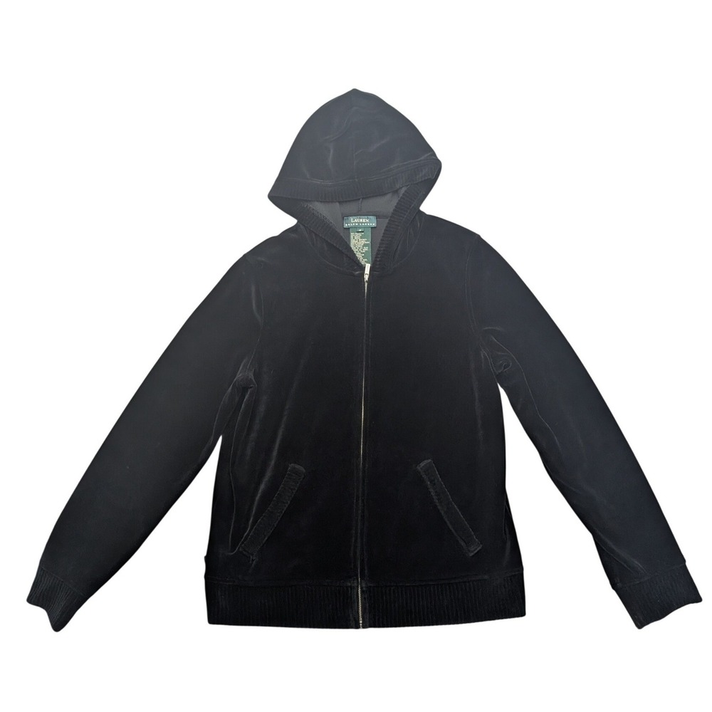 Y2K Lauren Ralph Lauren Velour Hoodie Womens Small Black Full Zip Ribbed Trim